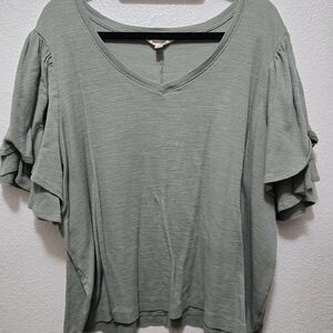 Terra and Sky Olive Ruffle Sleeve Top